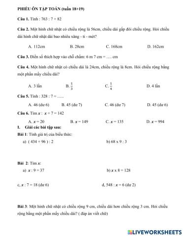 Phiếu Toán ôn tập tuần 18 và 19