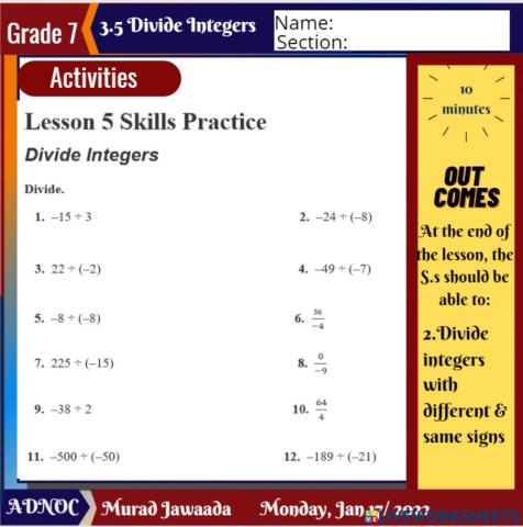 Divide Integers Activities