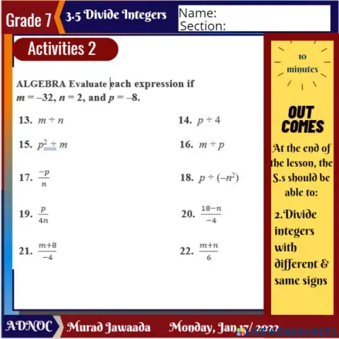 Divide Integers Activities 2