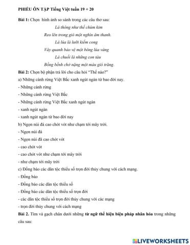 Phiếu ôn tập Tiếng Việt so sánh, nhân hóa tuần 19 20