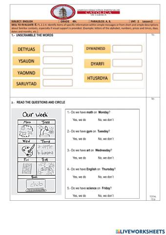 Days of the week lesson