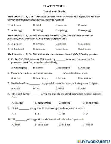 Thi lop 10 - PRACTICE TEST 11