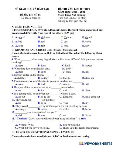 Đề ôn thi vào 10 - 05