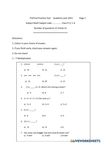 P1 PreFinal Math Practice Test