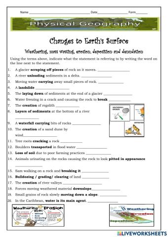 Weathering, erosion, deposition,  mass wasting