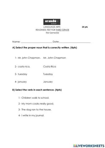 Readiness Test for 3rd Grade 1 semester