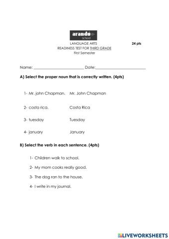Readiness Test for 3rd Grade 1 semester