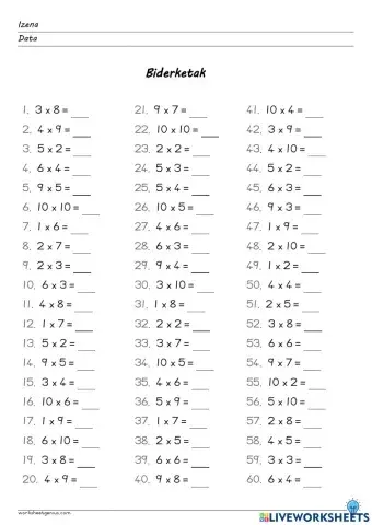 Biderketak (2,3,4,5,6,9 eta 10eko taulak)