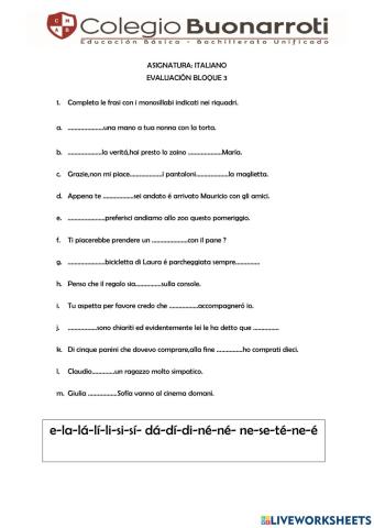 Evaluación BLOQUE 3 italiano