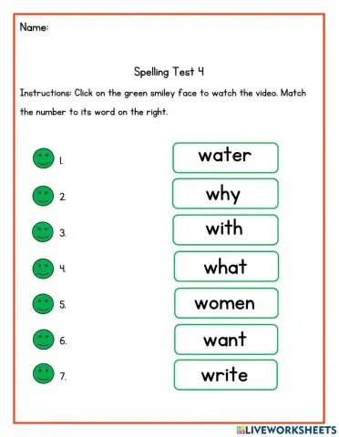 Spelling Tests- Sight words starting with 'w'