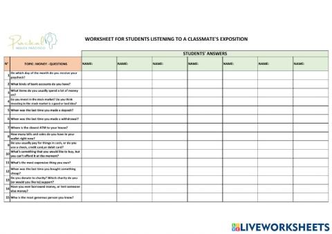 Worksheet for students listening to a classmate's exposition