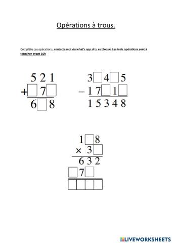 Maths opération à trous