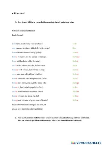 Käänamine Leelo Tungla luuletuse abil, 3. klass