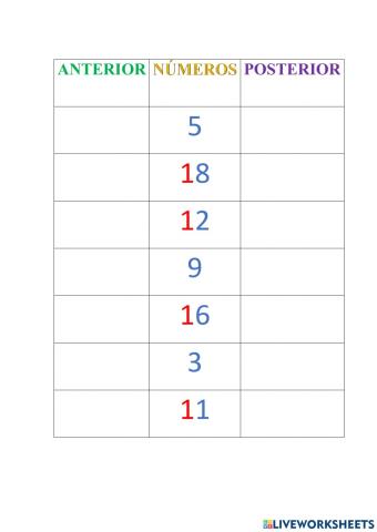 Numeros anterior y posterior, 1-19