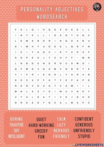 Personality adjectives wordsearch