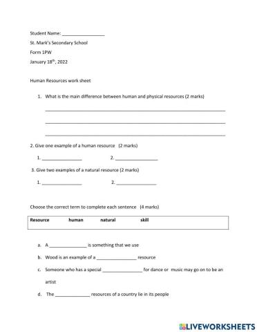Human Resources Worksheet 1