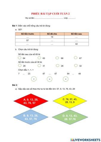 PHIẾU BÀI TẬP CUỐI TUẦN TOÁN LỚP 2 - TUẦN 2