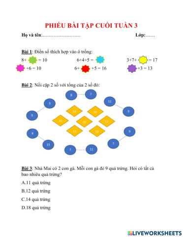 PHIẾU BÀI TẬP CUỐI TUẦN TOÁN LỚP 2 - TUẦN 3