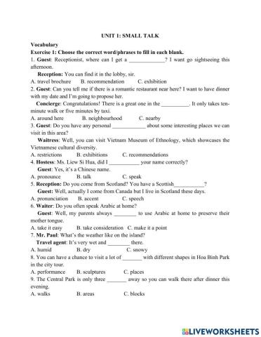 Revision Vocab and Gram-Unit 1-Small Talk