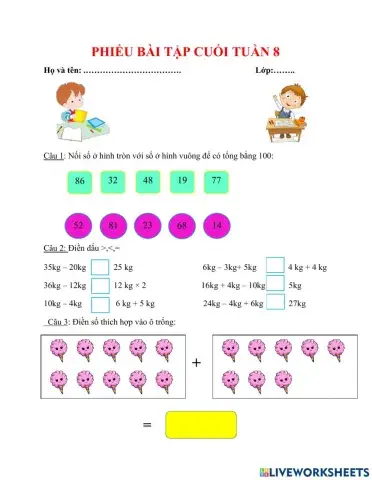 PHIẾU BÀI TẬP CUỐI TUẦN TOÁN LỚP 2 - TUẦN 8