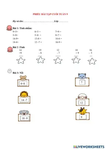 PHIẾU BÀI TẬP CUỐI TUẦN TOÁN LỚP 2 - TUẦN 9