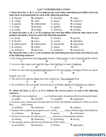 Unit 7- Futher education- Practice Test