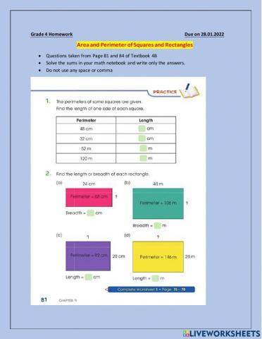 Area and Perimeter of Squares and Rectangles