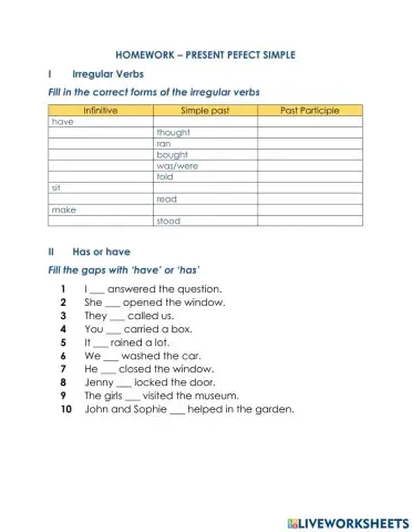 Homework Present Perfect Simple 01