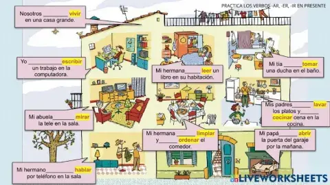 Repaso los verbos regulares -ar, -er, -ir y partes de la casa.