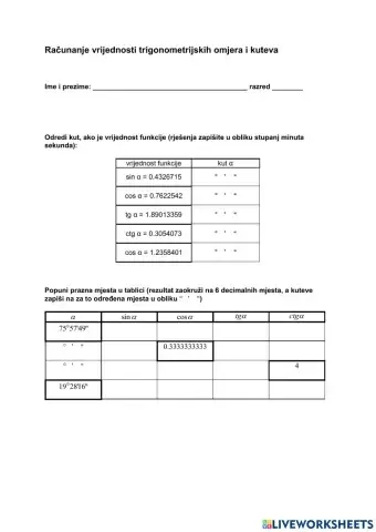 Računanje vrijednosti trigonometrijskih omjera i kuteva