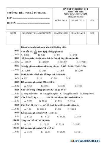Toán-Ôn tập cuối kì 1