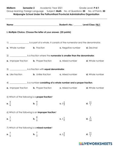 P4-1 Math Midterm Test Semester 2