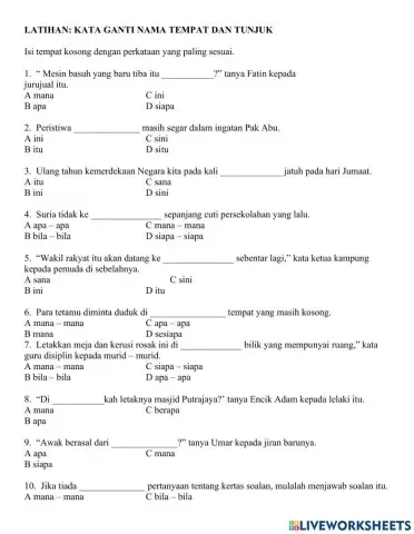 Latihan Kata Ganti Nama Tempat dan Tunjuk