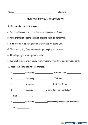 Grade 5 - Review Be going to