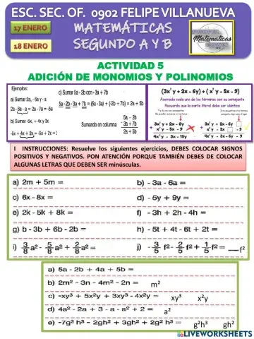 Adición de monomios y polinomios