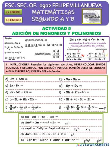Adición de monomios y polinomios