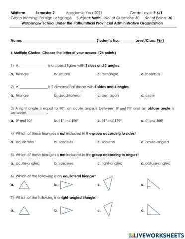 P6-1 Math Midterm Test Semester 2