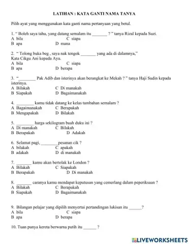 Latihan Kata Ganti Nama Tanya