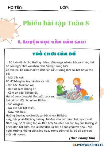Phiếu bài tập tuần 8 lớp 2 môn TV