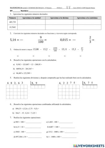 Ficha números decimales repaso