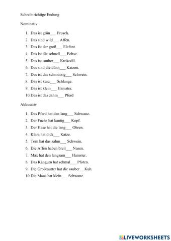 Adjektivdeklination Tiere