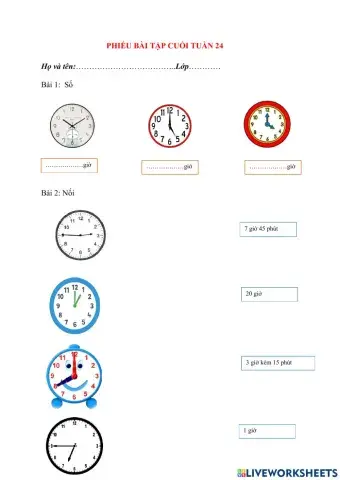 PHIẾU BÀI TẬP CUỐI TUẦN TOÁN LỚP 2 - TUẦN 24