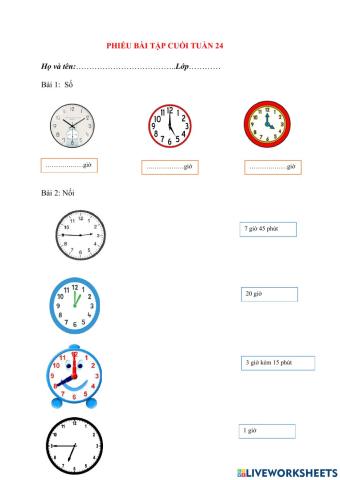 PHIẾU BÀI TẬP CUỐI TUẦN TOÁN LỚP 2 - TUẦN 24