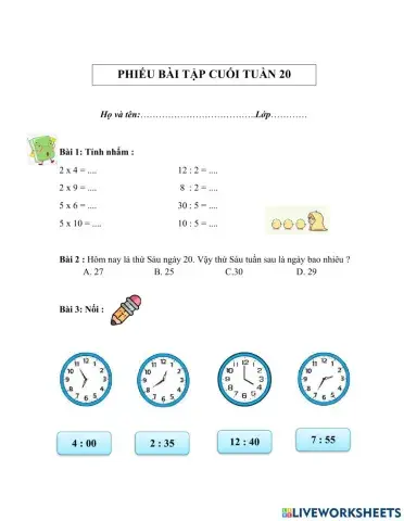 PHIẾU BÀI TẬP CUỐI TUẦN TOÁN LỚP 2 - TUẦN 25