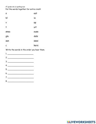 4th G spelling quiz U6 L3