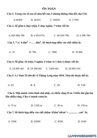 Bài ôn trắc nghiệm Toán 4
