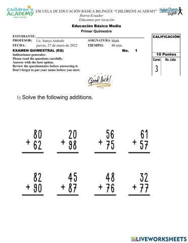 Examen Math 3ro Children-s Academy
