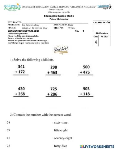 Examen Math 4to Children-s Academy