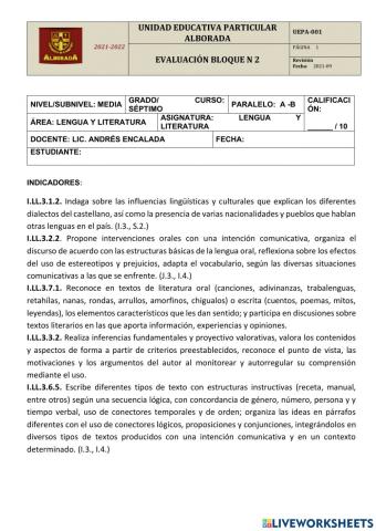 Evluacion de Lengua y Literatura