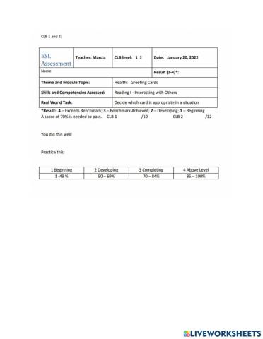 Reading Assessment:  CLB 1 and 2